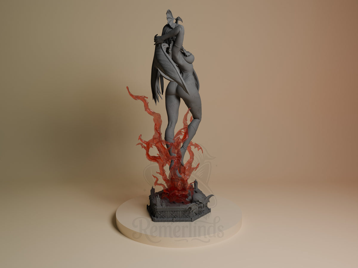 Morrigan Aensland from Dark Stalkers is an unpainted resin figure facing away on a sculpted base.