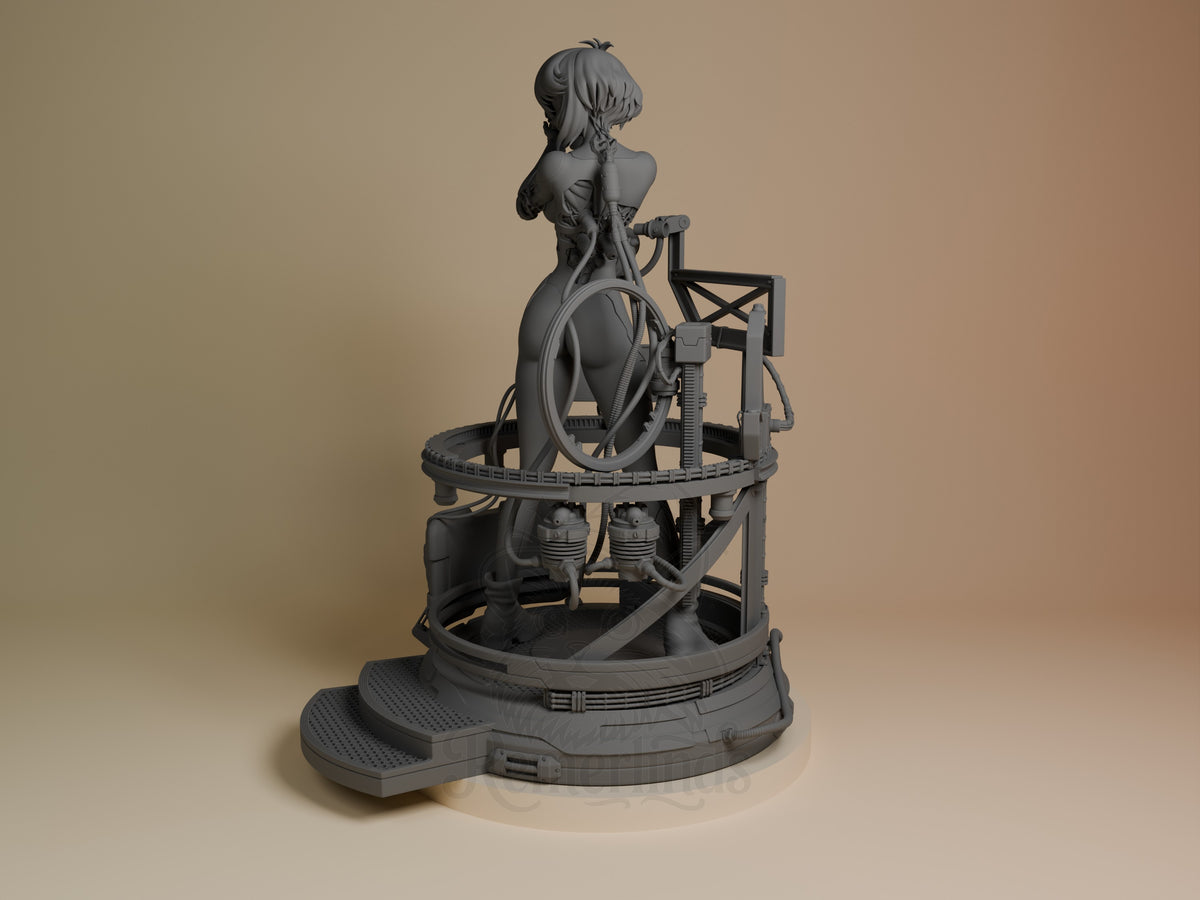 Rear three-quarter view shows Motoko Kusanagi from Ghost in the Shell as an unpainted resin figure on a mechanical base.