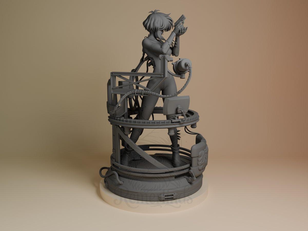 Back three-quarter view shows an unpainted Motoko Kusanagi resin figure from Ghost in the Shell, aiming a pistol on a sculpt.