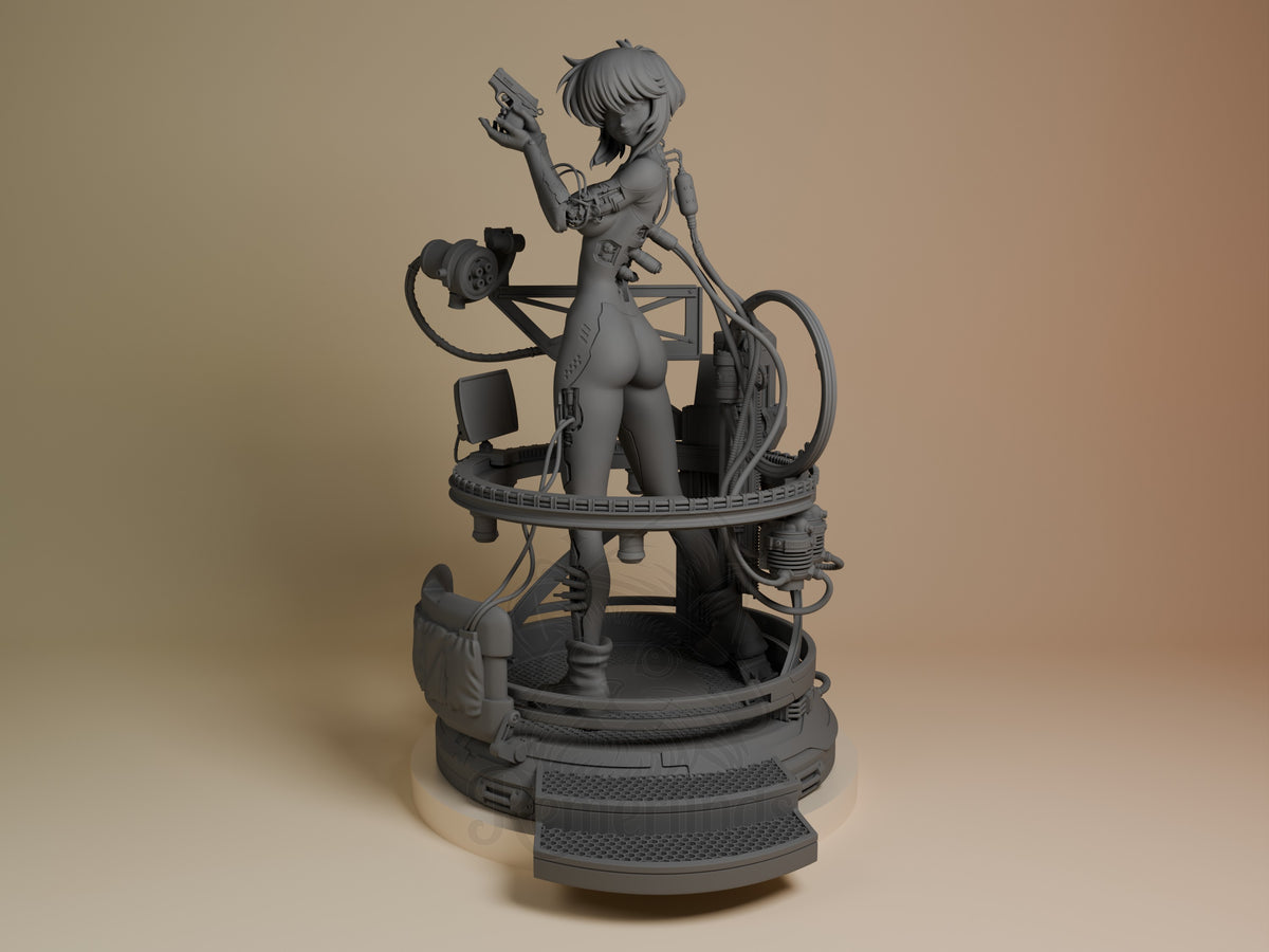 Side-facing Motoko Kusanagi from Ghost in the Shell is an unpainted resin figure holding a pistol above a sculpted tech base.
