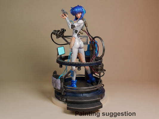 Painted Motoko Kusanagi from Ghost in the Shell resin figure raises a pistol on a sci-fi base.