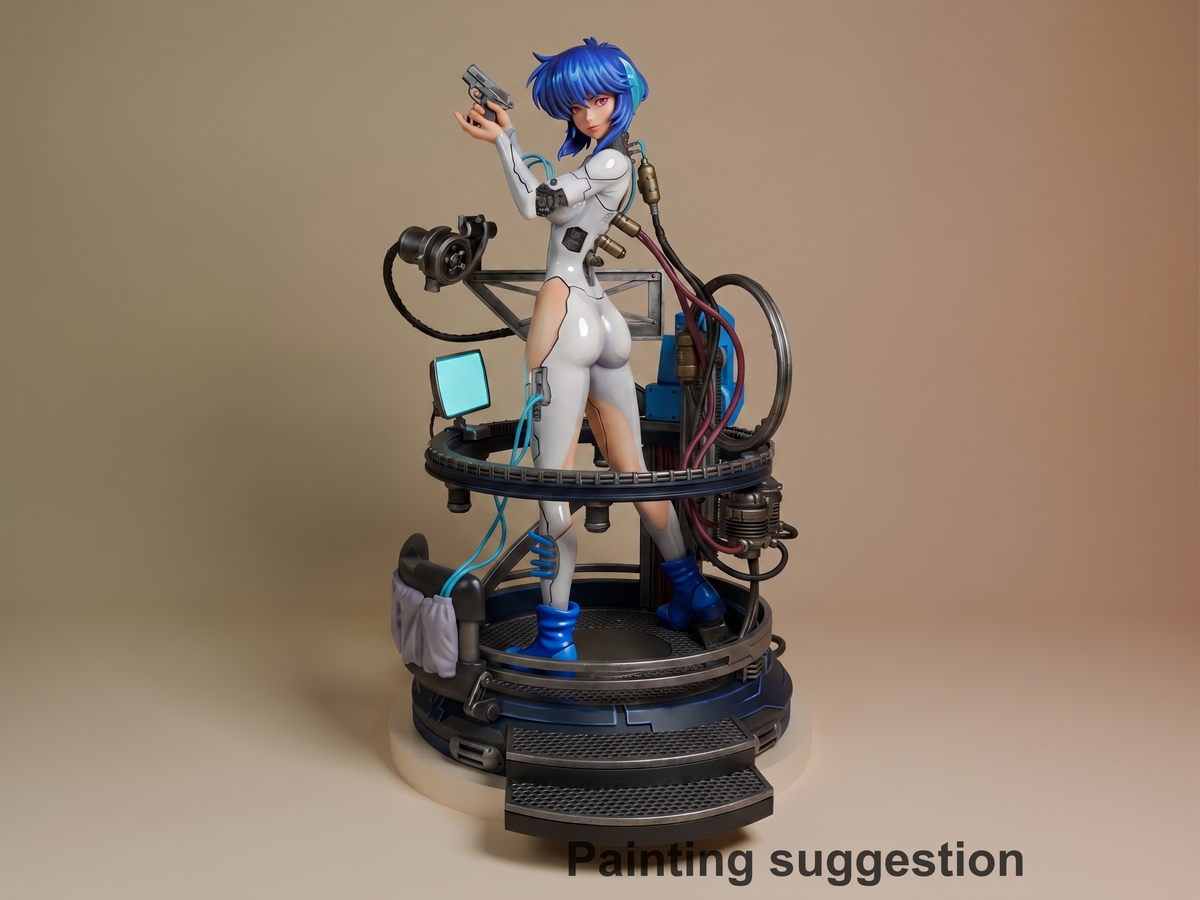 Three-quarter view of Motoko Kusanagi from Ghost in the Shell, a painted resin figure aiming a pistol atop a mechanical base.
