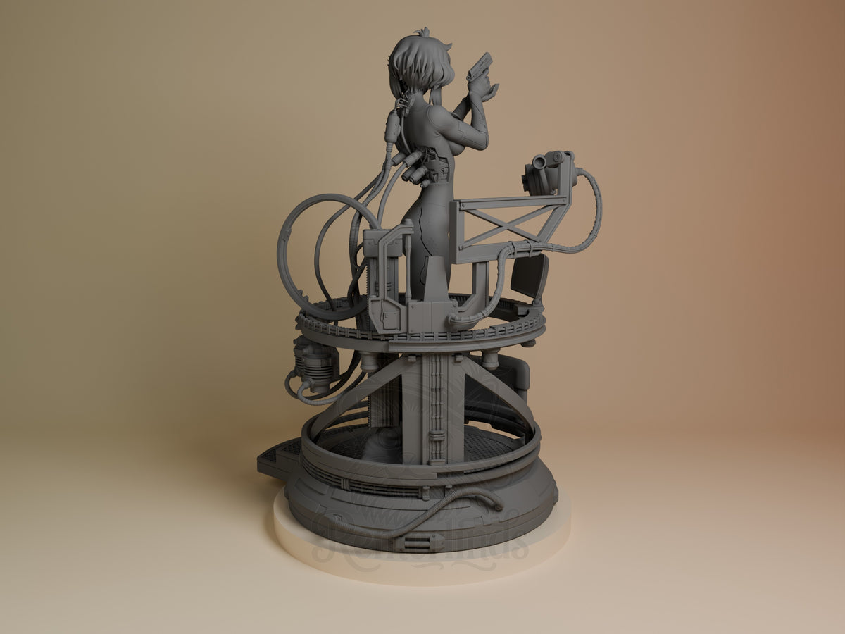 Motoko Kusanagi from Ghost in the Shell appears unpainted as a resin figure, rear-facing with arms, pistol, and mechanical‌‍?