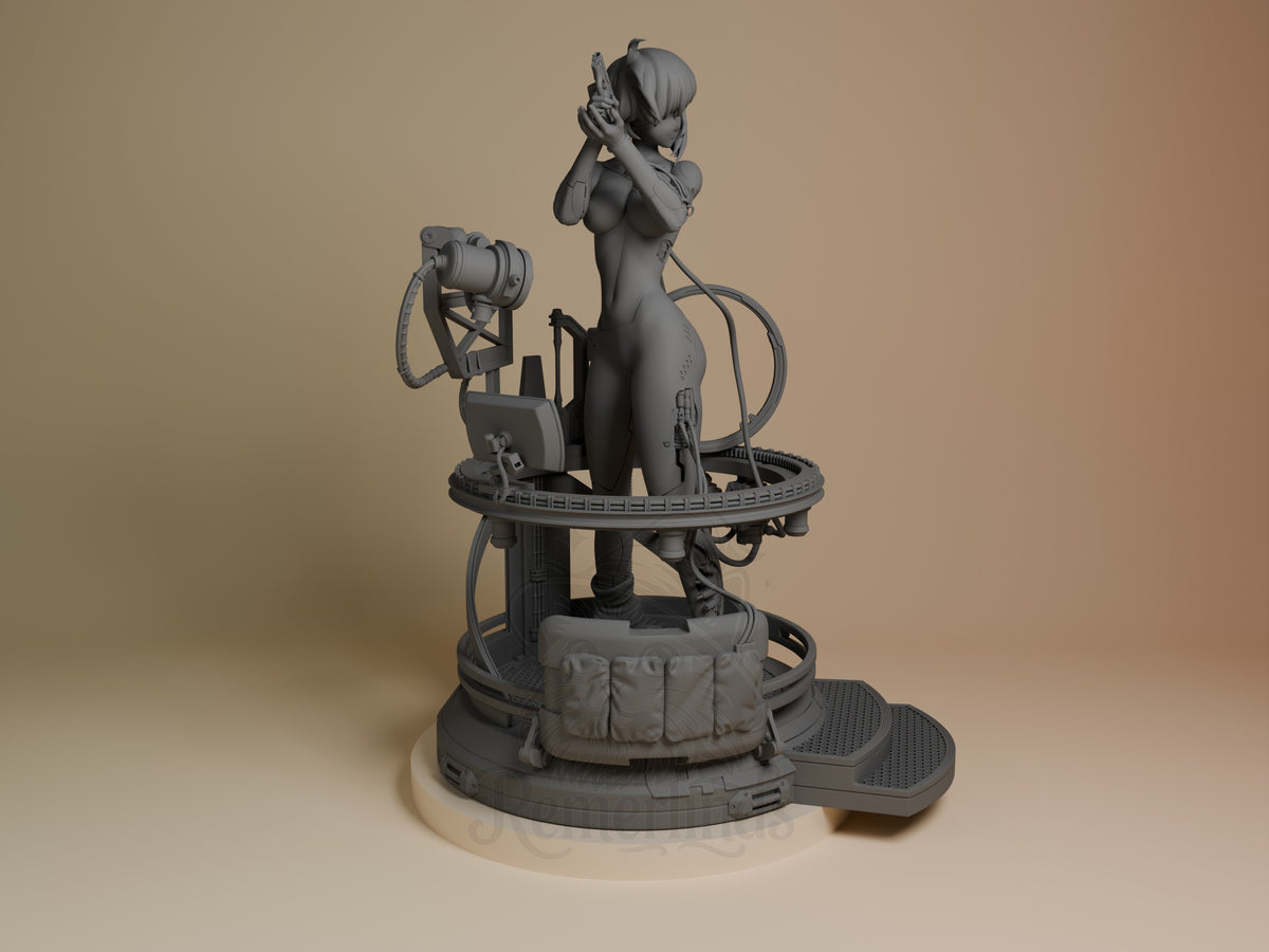 Motoko Kusanagi from Ghost in the Shell is an unpainted resin figure seen from right, holding a pistol on a sci-fi base.