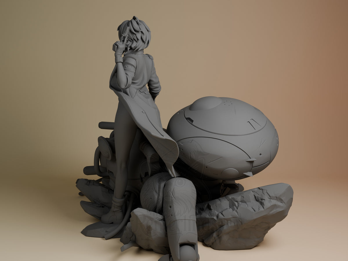 Motoko Kusanagi resin figure in sitting pose on rocky base, shown from side angle, unpainted gray resin detail visible.