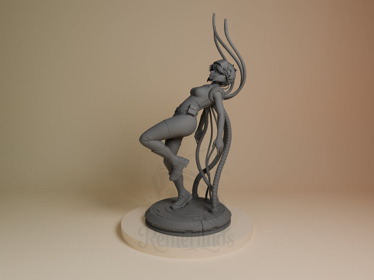Motoko Kusanagi from Ghost in the Shell is an unpainted resin figure shown at an angle on a sculpted base.