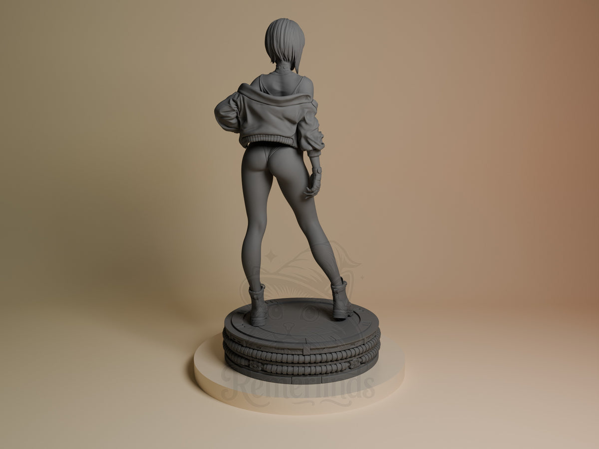 Back view shows Motoko Kusanagi from Ghost in the Shell, unpainted resin figure with sculpted base.