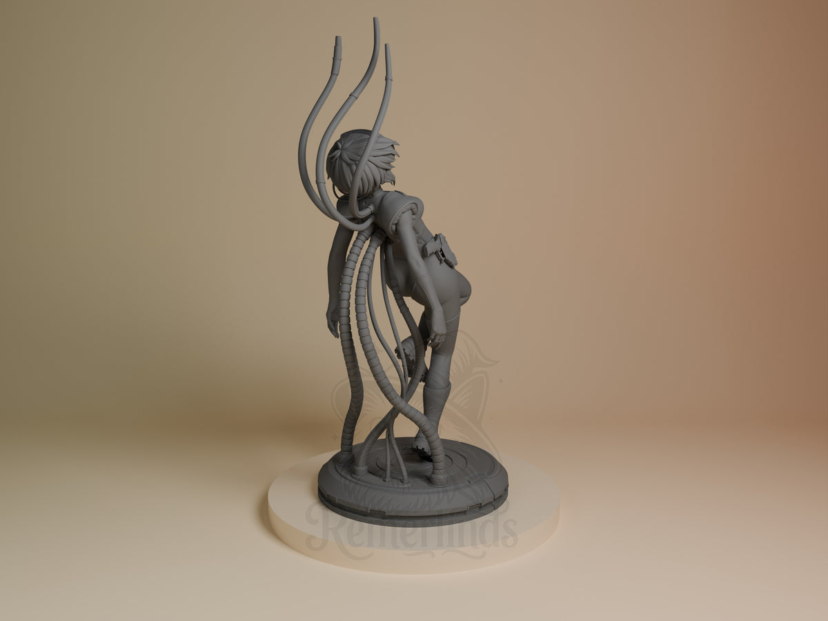 Back three-quarter view shows Motoko Kusanagi from Ghost in the Shell as an unpainted resin figure with tubes on a base.