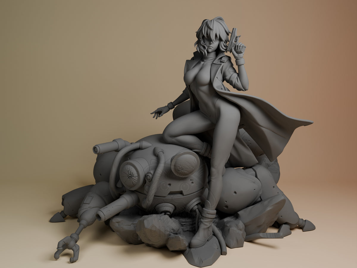Motoko Kusanagi resin figure seated on mechanical spider base, front view, holding pistols, unpainted gray finish, dynamic pose with flowing cape.