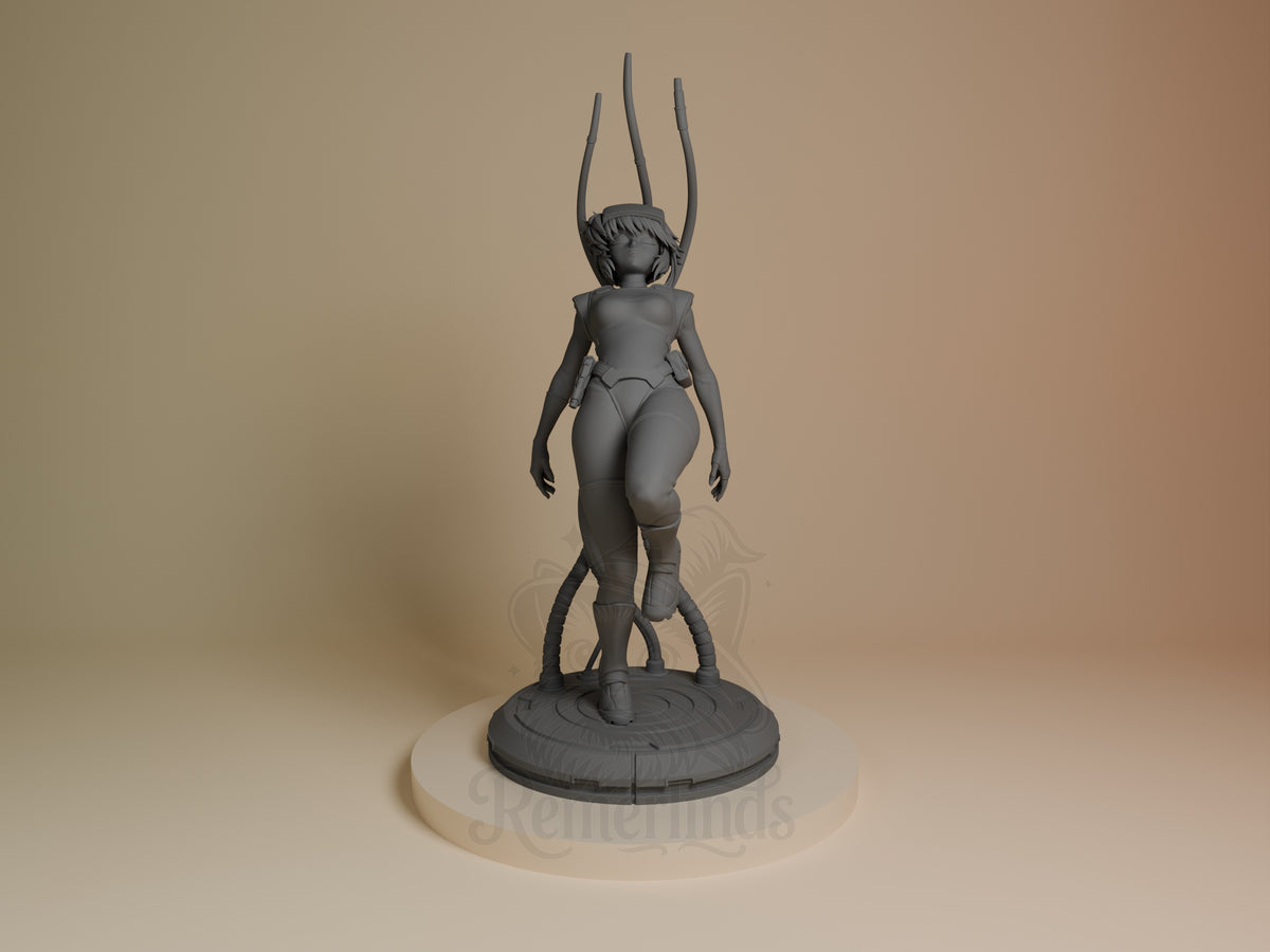 Motoko Kusanagi from Ghost in the Shell faces forward with holsters on a sculpted base; unpainted resin figure.