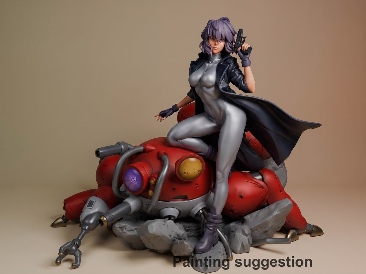 Motoko Kusanagi resin figure seated on red mech base, holding pistol, purple hair, silver bodysuit, black cape, gray rocky base, fully painted.