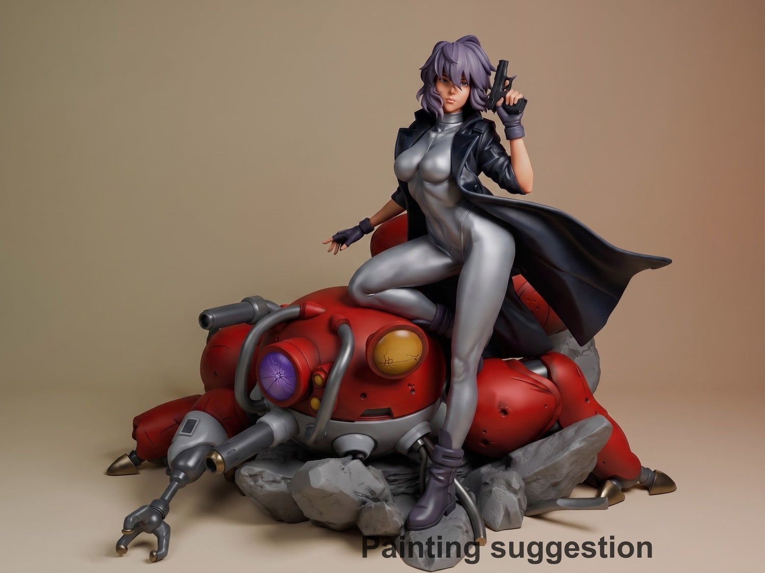 Motoko Kusanagi resin figure seated on red mech base, holding pistol, purple hair, silver bodysuit, black cape, gray rocky base, fully painted.
