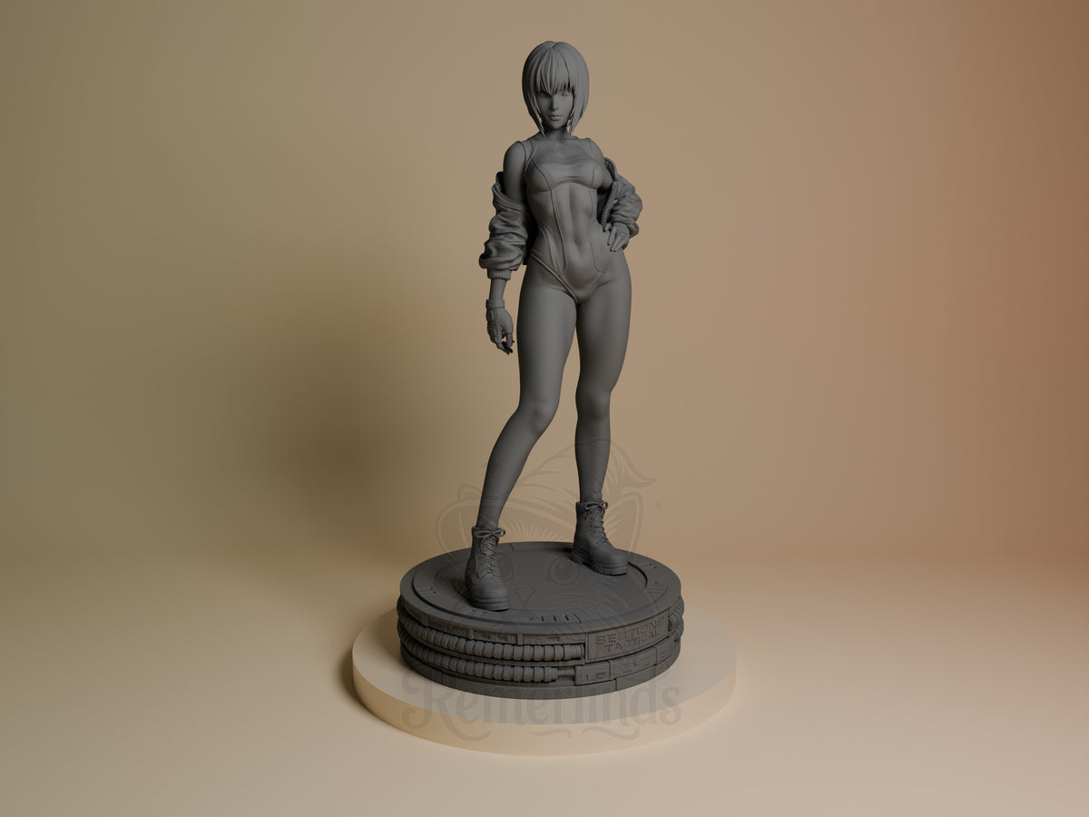 Motoko Kusanagi from Ghost in the Shell stands front-facing as an unpainted resin figure on a sculpted base.