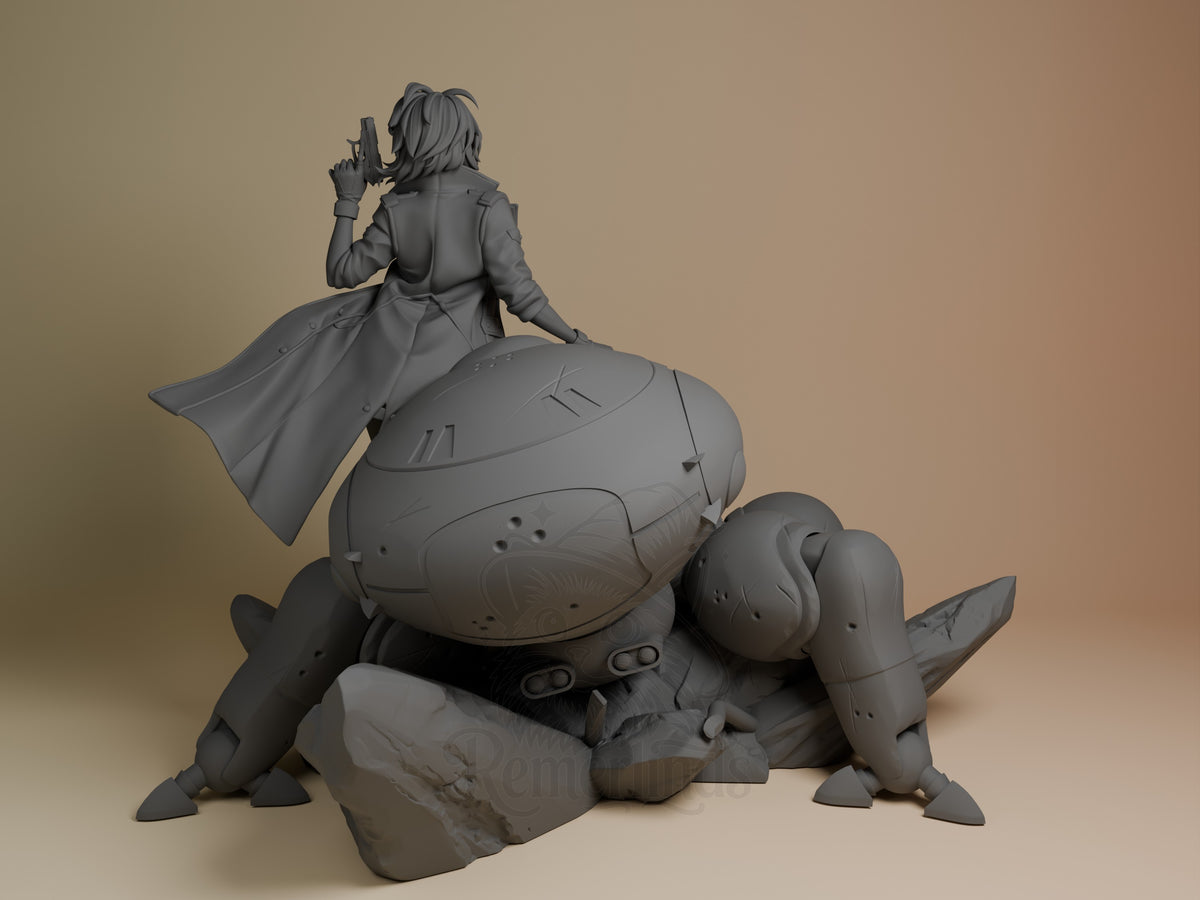 Motoko Kusanagi resin figure from Ghost in the Shell, shown from left angle seated on mechanical base, unpainted gray resin with detailed sculpting.