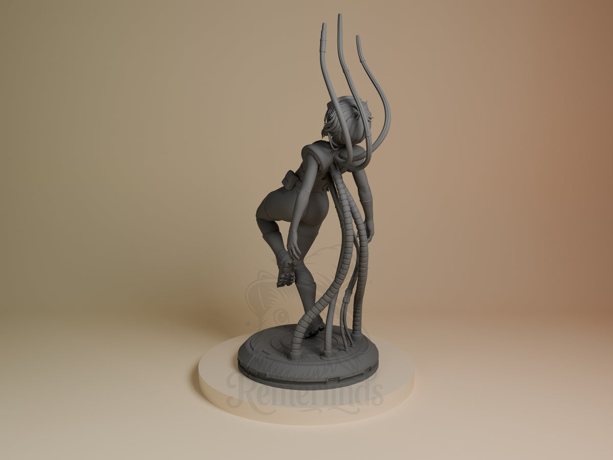 Motoko Kusanagi from Ghost in the Shell is an unpainted resin figure in a rear three-quarter pose with cables on a sculpted‌.