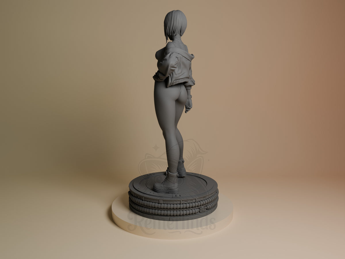 Unpainted resin figure of Motoko Kusanagi from Ghost in the Shell, rear view, standing on a sculpted base.