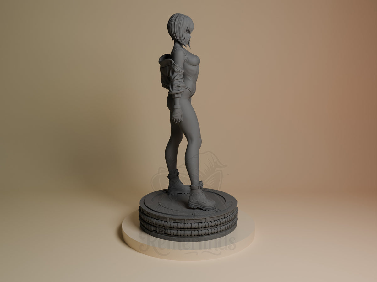 Motoko Kusanagi from Ghost in the Shell is an unpainted resin figure in profile on a sculpted base.