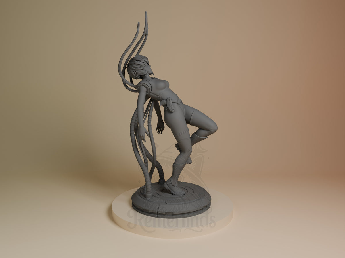Motoko Kusanagi from Ghost in the Shell, an unpainted resin figure, leans back on a sculpted base.