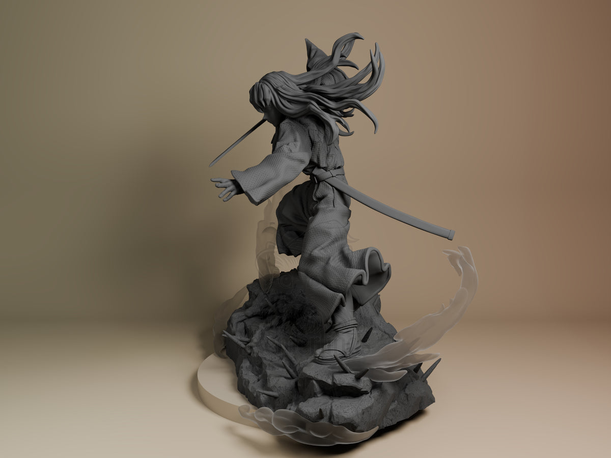 Muichiro from Demon Slayer appears in side view as an unpainted resin figure with sword and sculpted base.