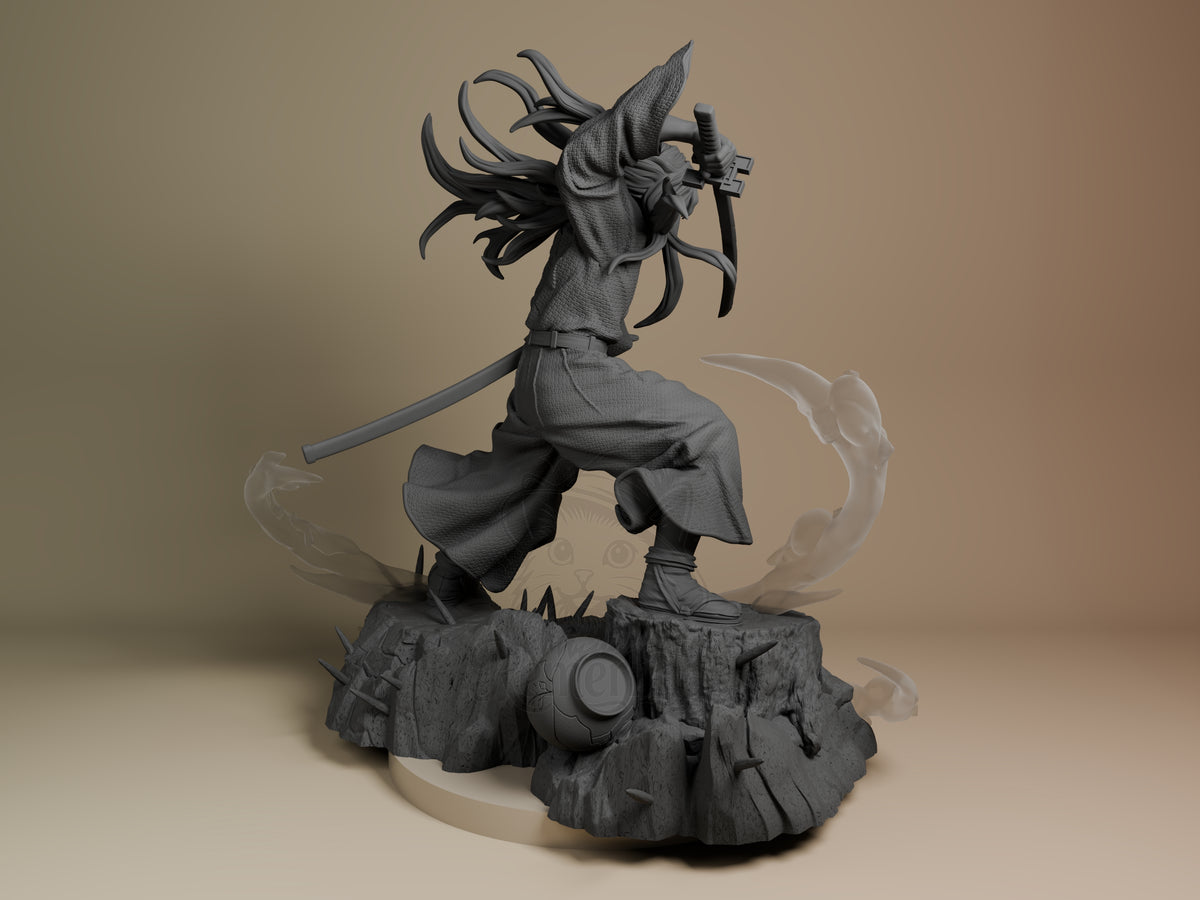 Back view shows Muichiro from Demon Slayer, an unpainted resin figure crouching with sword on a rocky base.