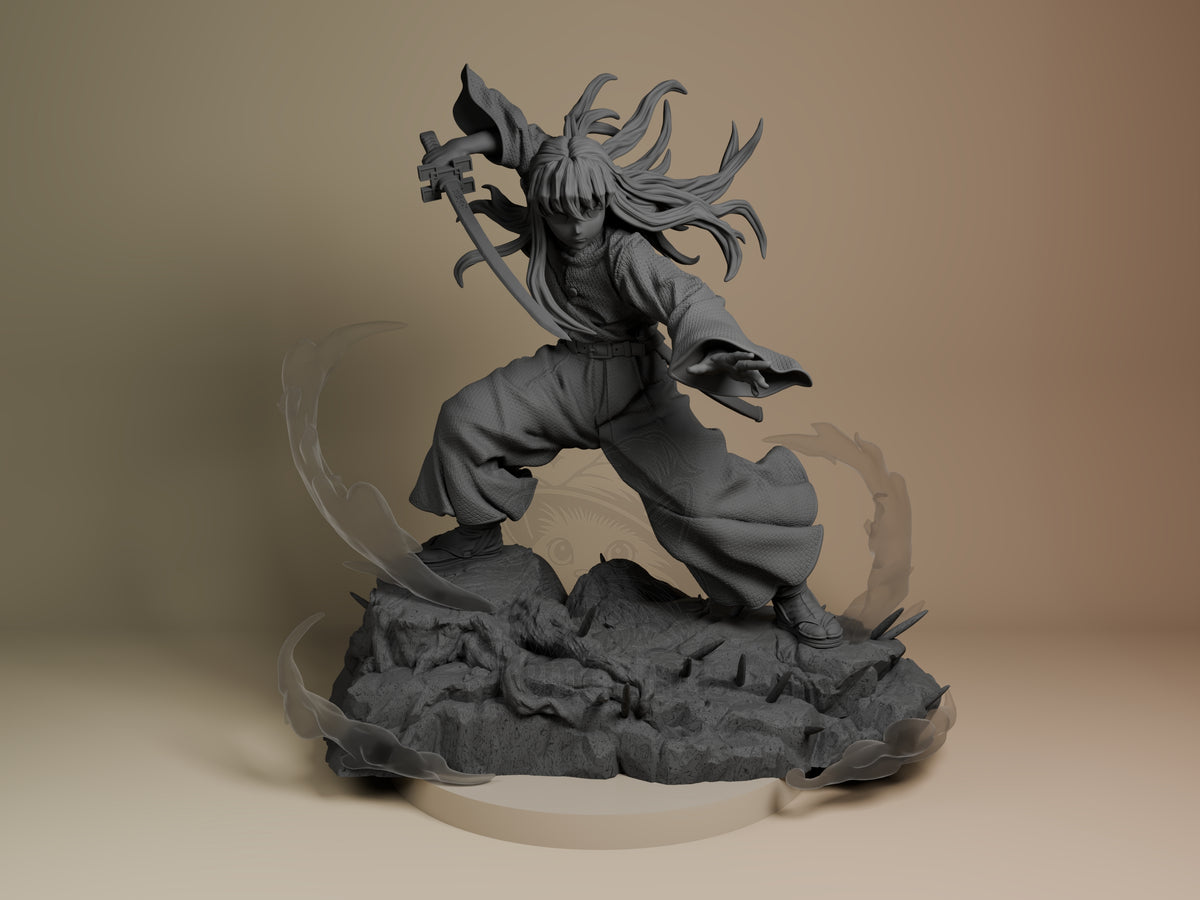 Front view of Muichiro from Demon Slayer, an unpainted resin figure with sword on a sculpted base.