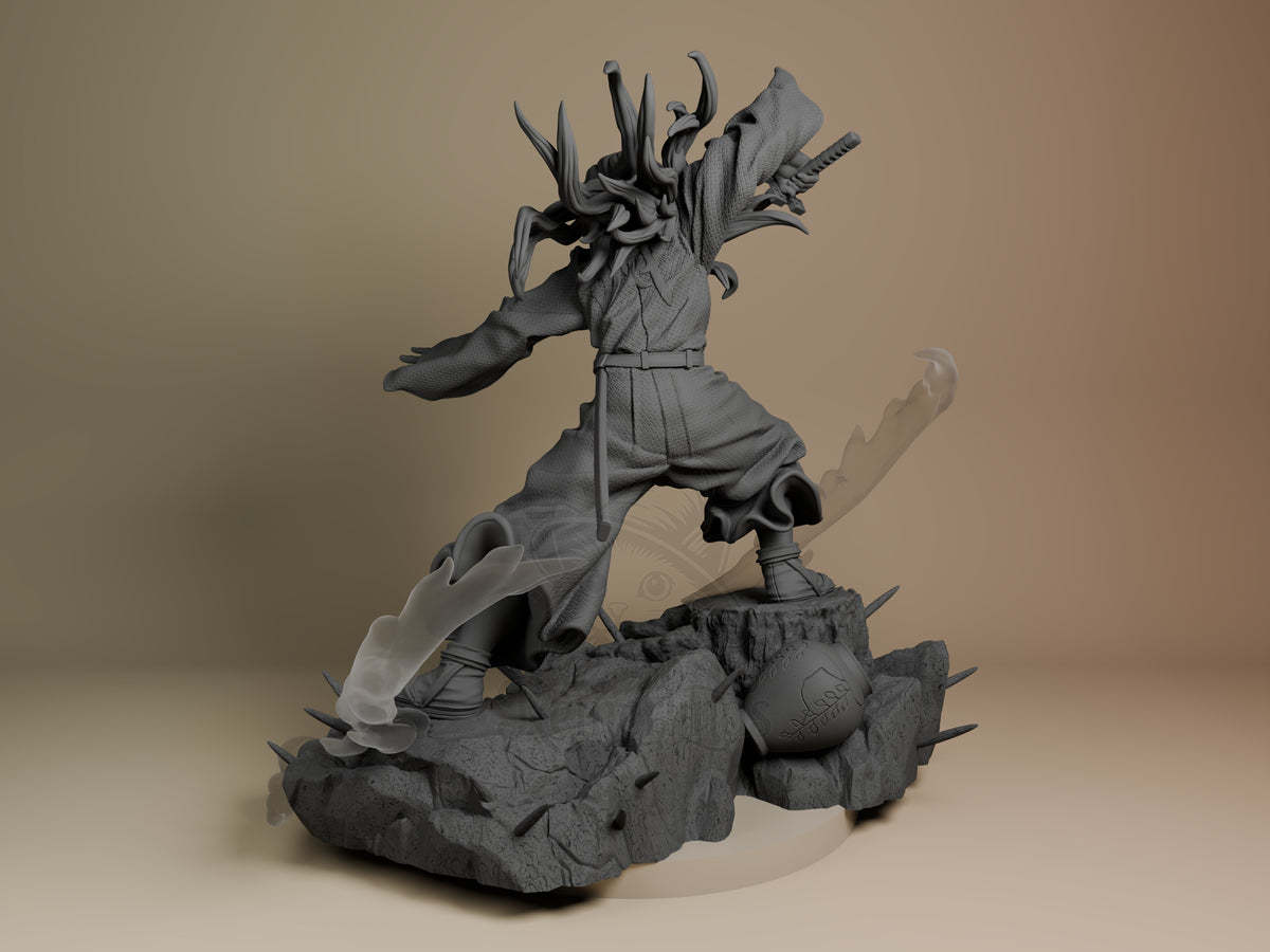 Muichiro from Demon Slayer is an unpainted resin figure in a rear three-quarter pose, sword raised on a rocky base.