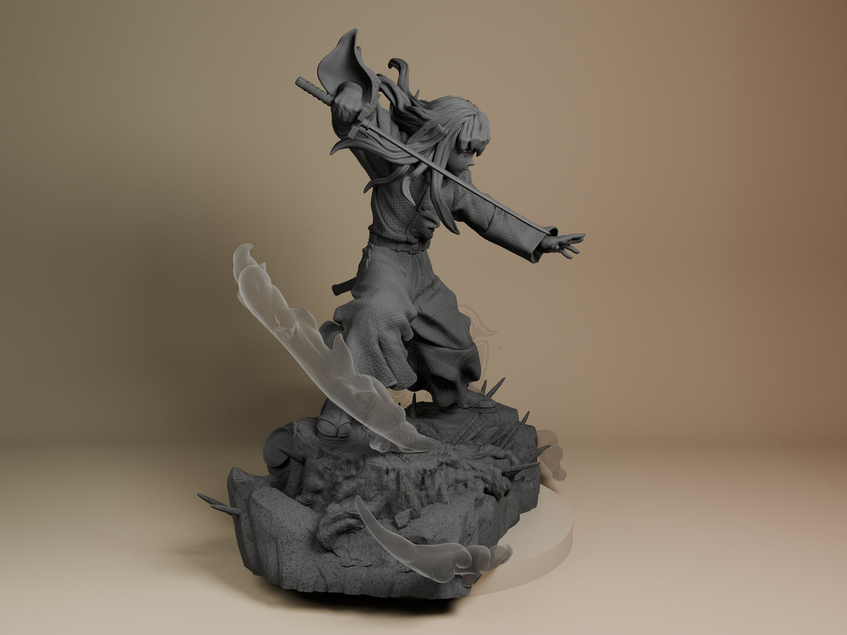 Muichiro from Demon Slayer is an unpainted resin figure in profile with sword on a rocky base.