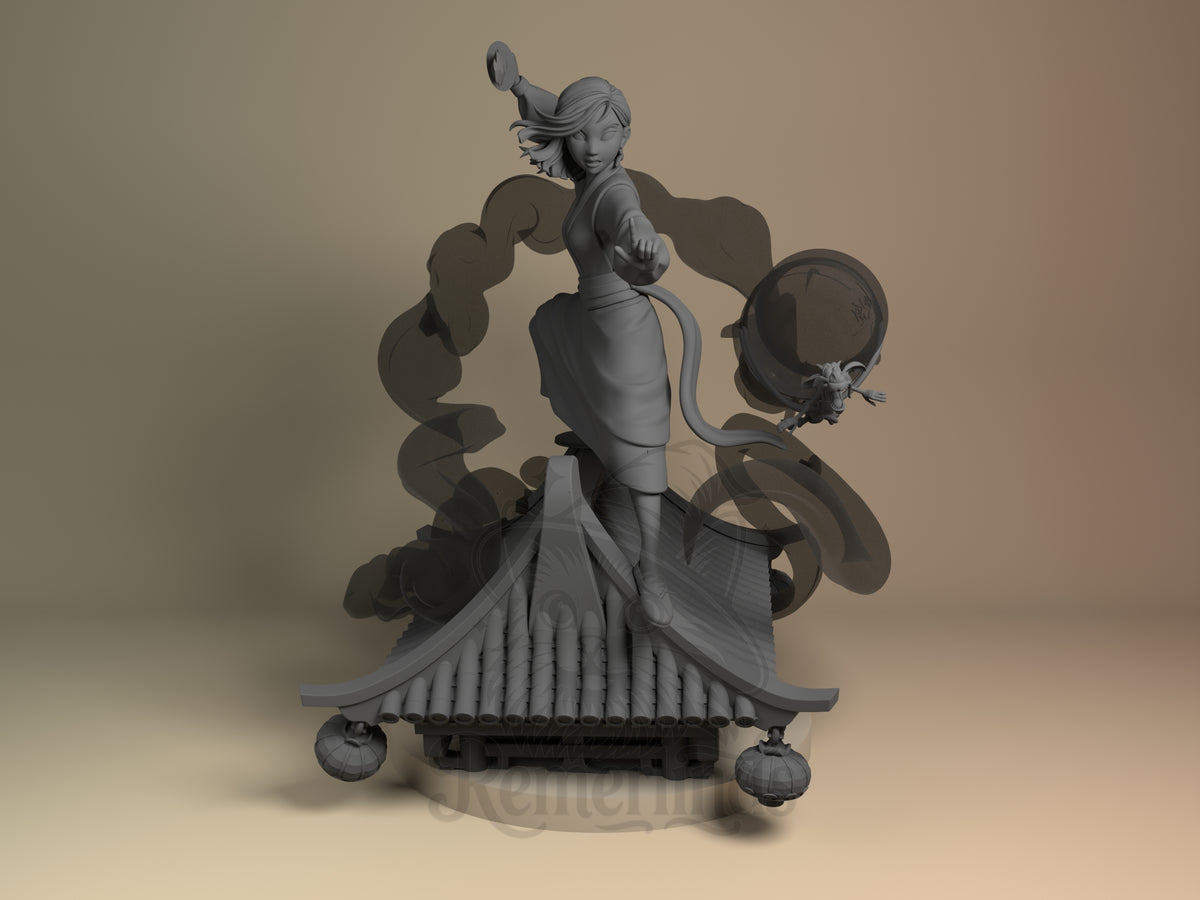 Mulan Flower of Valor 3D printed resin figure by Nomnom, unpainted front view. The miniature figure depicts Mulan in an action pose balancing on a traditional curved roof base adorned with hanging lanterns. She is accompanied by a small dragon figure and swirling smoke effects, with her hair and ribbon flowing dynamically to enhance the sense of motion. The composition emphasizes her warrior spirit in a stylized and dramatic manner.