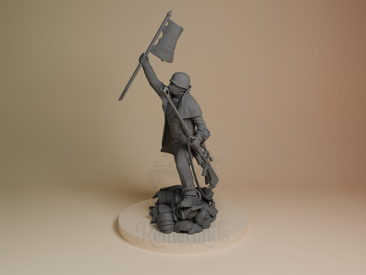 Angled view shows an unpainted NCR Ranger from Fallout resin figure raising a flag on a sculpted base.