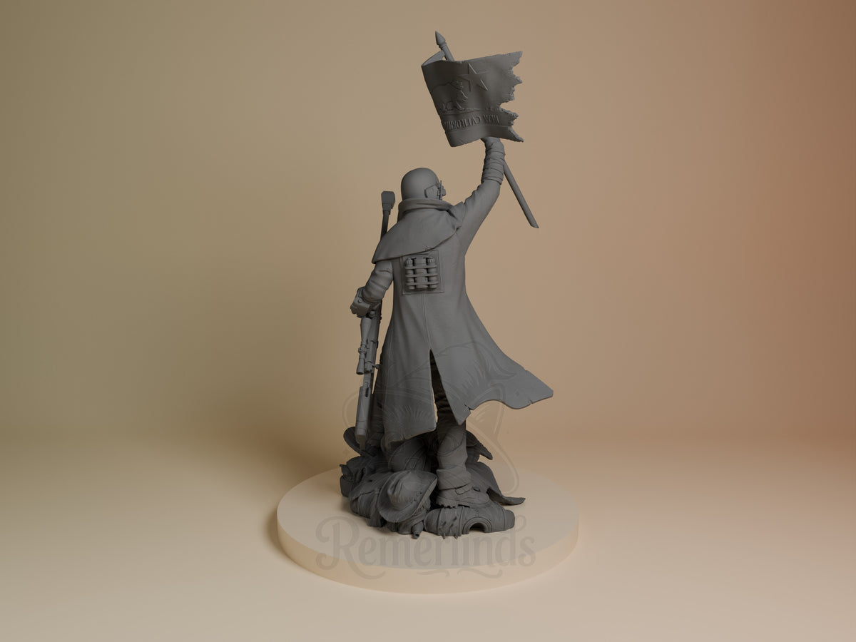 The unpainted NCR Ranger from Fallout resin figure faces away, raising a flag beside a rifle on a sculpted base.
