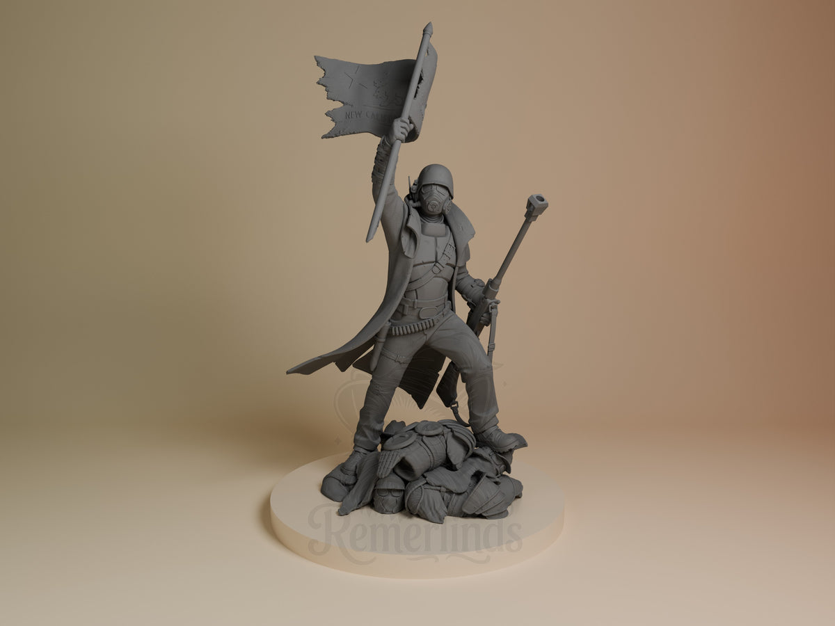 Front view shows an unpainted NCR Ranger resin figure from Fallout raising a flag on a sculpted base.