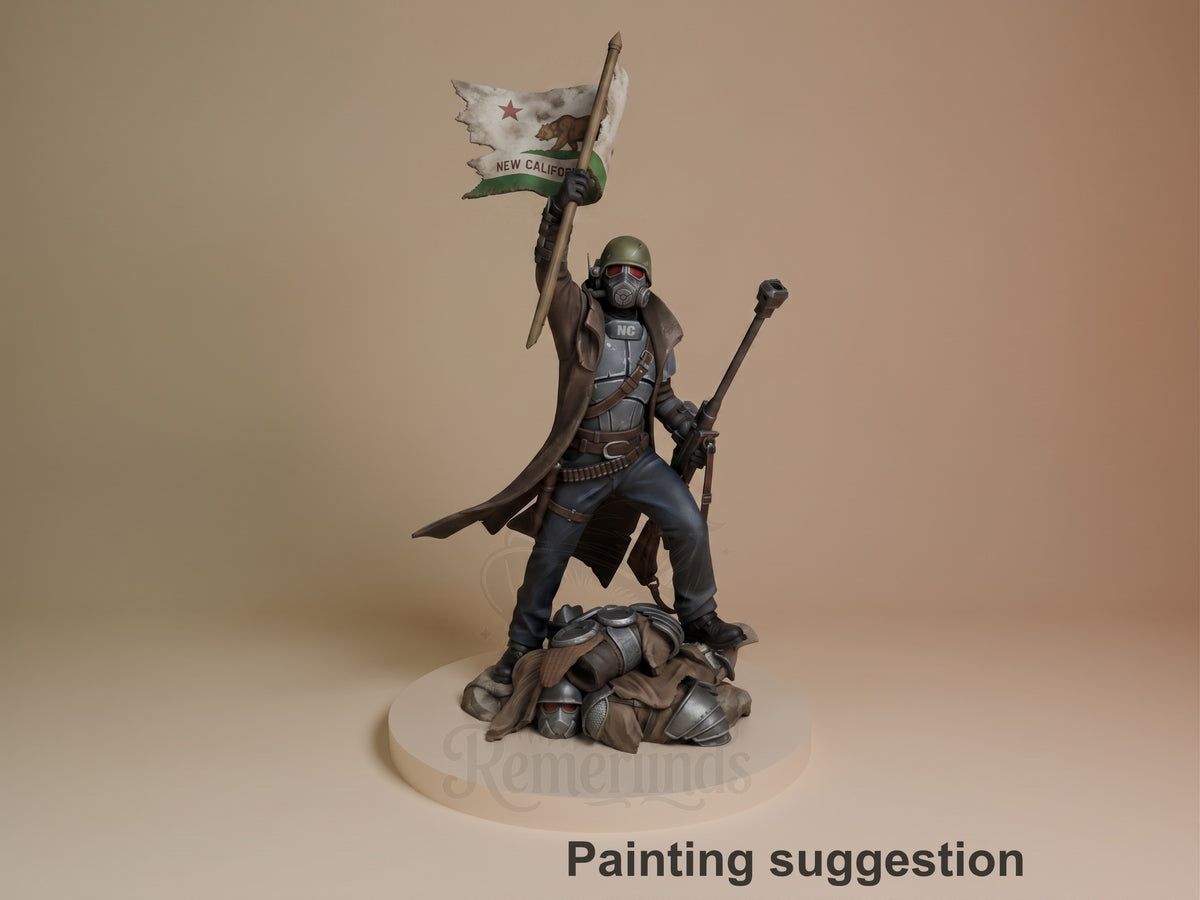 Painted NCR Ranger from Fallout resin figure raises a flag and weapon on a sculpted gear base.
