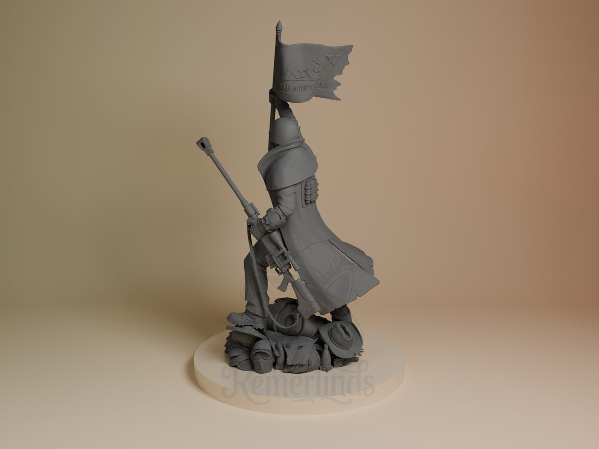 NCR Ranger from Fallout is an unpainted resin figure in rear three-quarter pose, holding a rifle on a rubble base.
