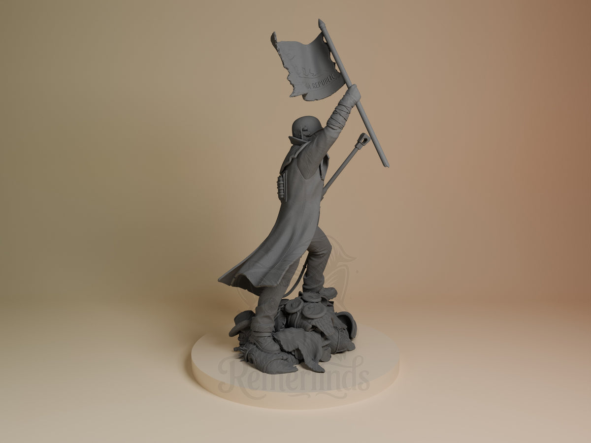 NCR Ranger from Fallout resin figure shown from the right side, unpainted, raising a flag on a sculpted debris base.