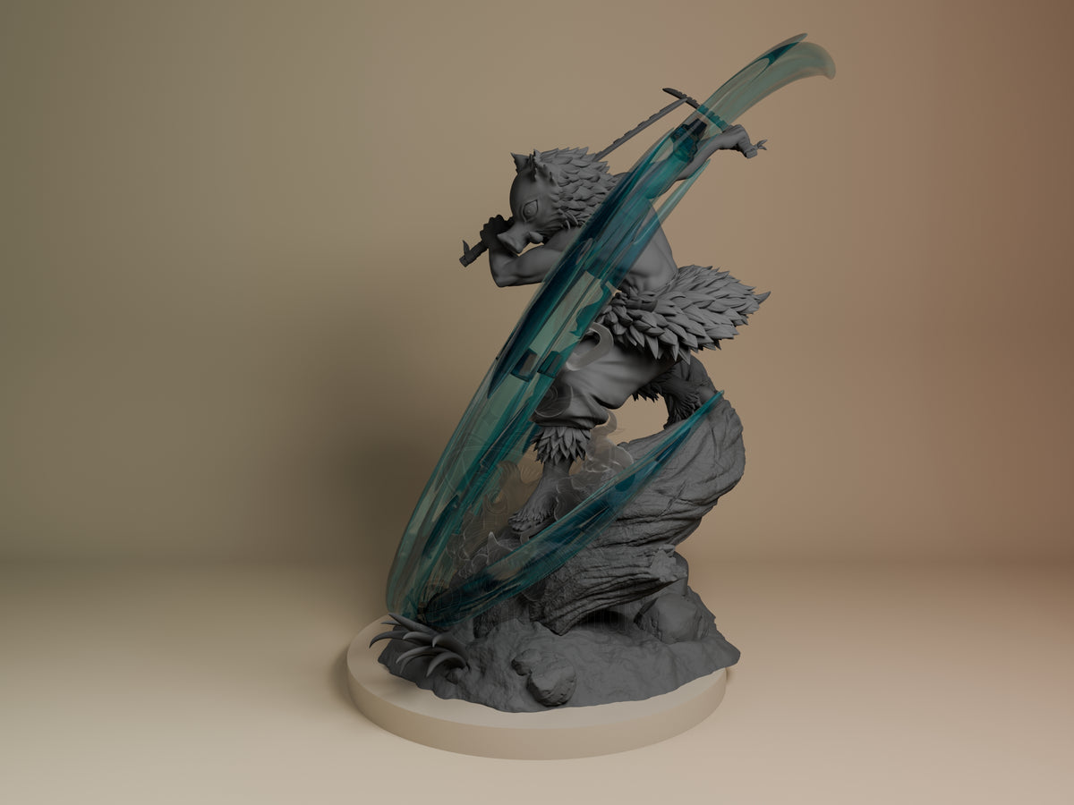 Angled Inosuke from Demon Slayer is a gray resin figure crouched with twin blades, teal effects, and rocky sculpted base.