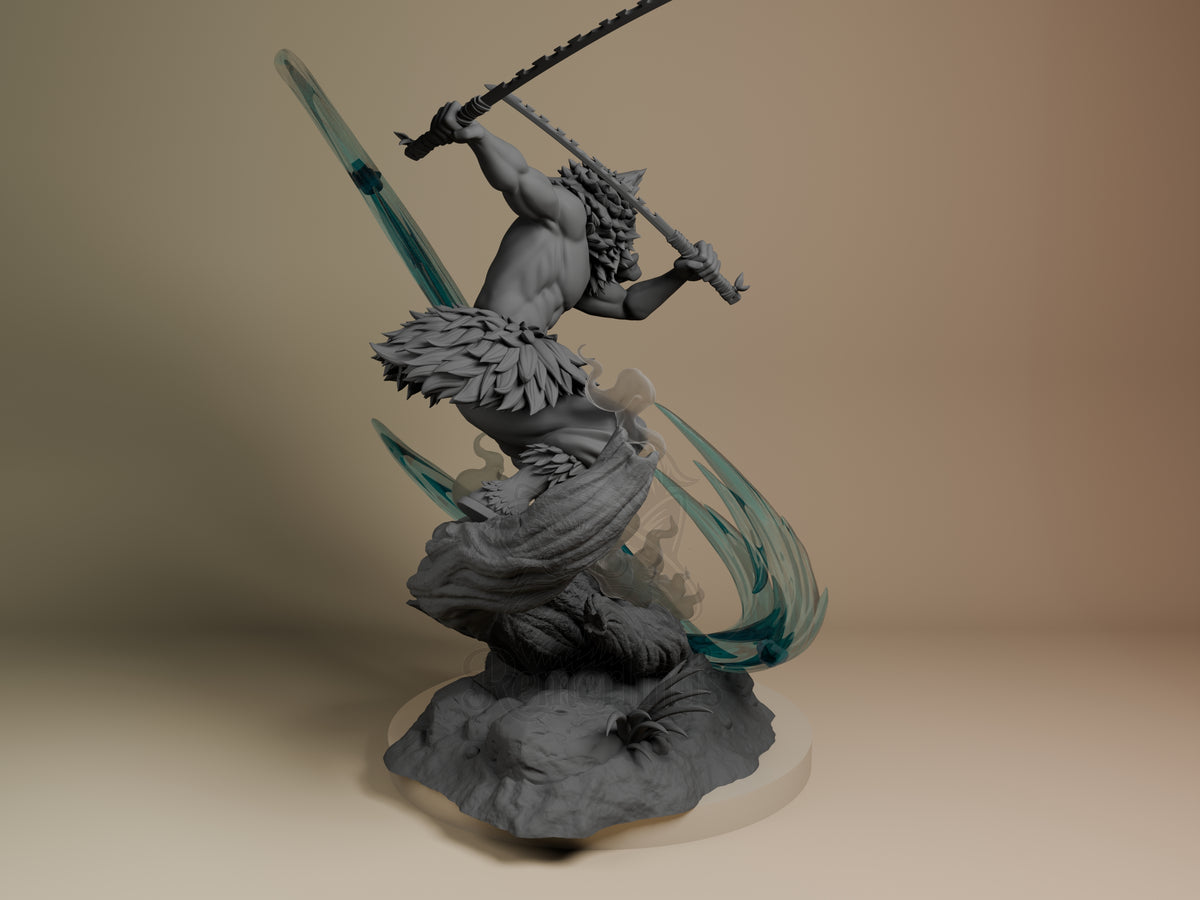 Back view of Inosuke from Demon Slayer, an unpainted resin figure on a sculpted base.
