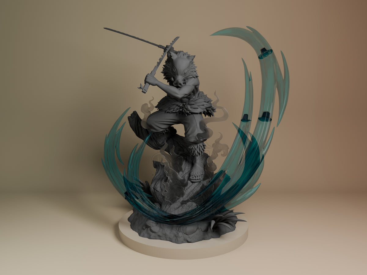 Front view shows Inosuke from Demon Slayer as an unpainted resin figure posed with swords, teal effects, and a sculpted base.