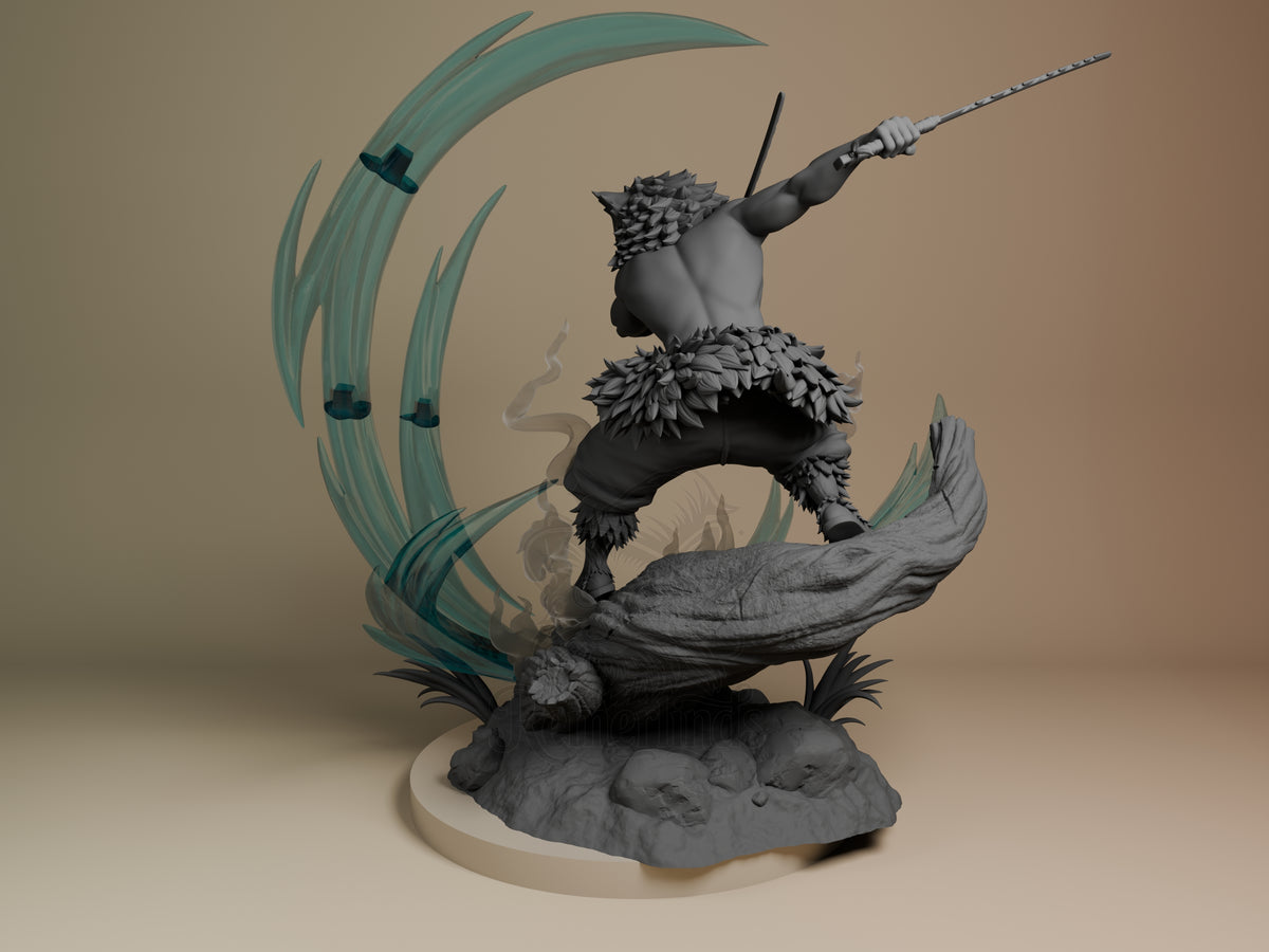 Inosuke from Demon Slayer lunges with swords on a sculpted base as an unpainted resin figure.