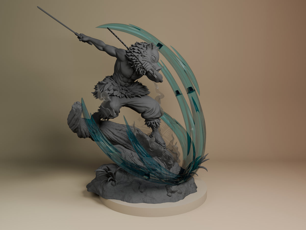 Right-side view of Inosuke from Demon Slayer, an unpainted resin figure lunging with swords over a sculpted base.
