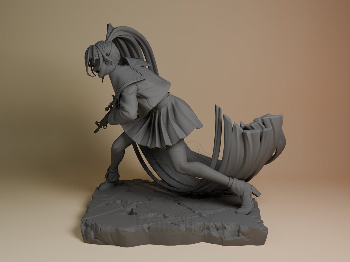 Naima from Ado 3D printed resin figure shown at angle, unpainted gray pose with flowing cape on textured base.