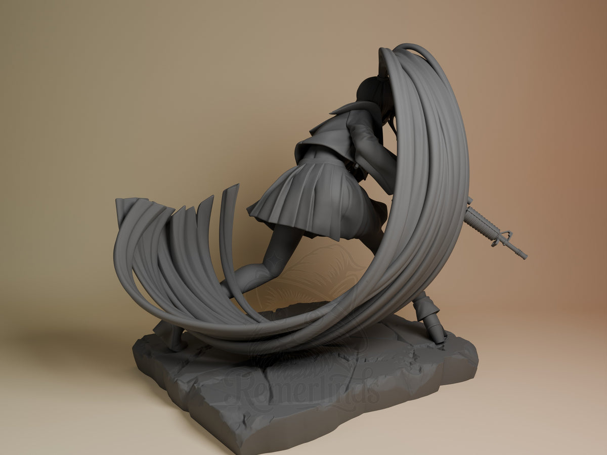 Naima from Ado 3D printed resin figure shown from back, displaying flowing hair detail and weapon, unpainted gray finish on textured base.