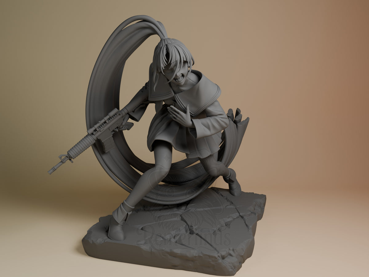 Naima from Ado resin figure shown from front, posed dynamically on rocky base with large circular weapon, unpainted gray finish.