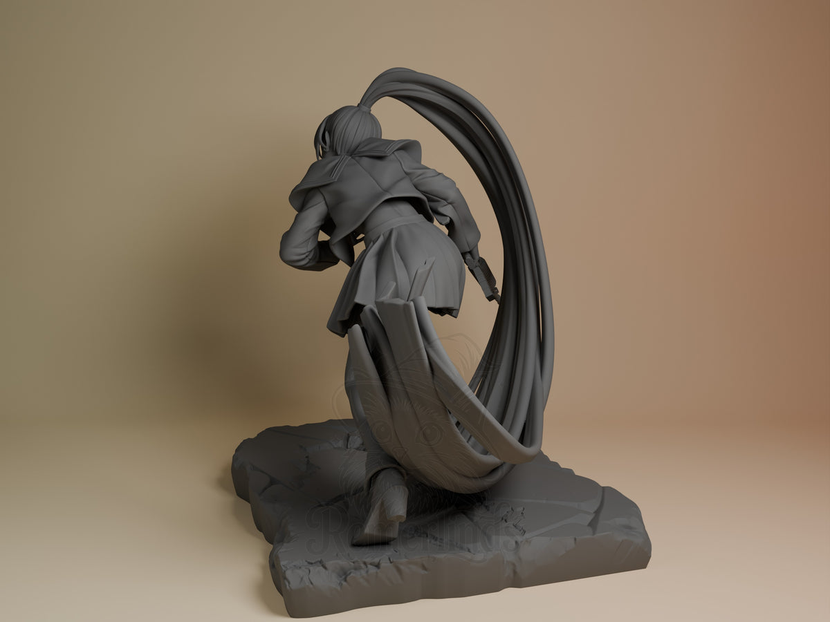 Naima from Ado 3D printed resin figure shown from left side, unpainted gray, mid-leap pose with flowing cape, textured base.