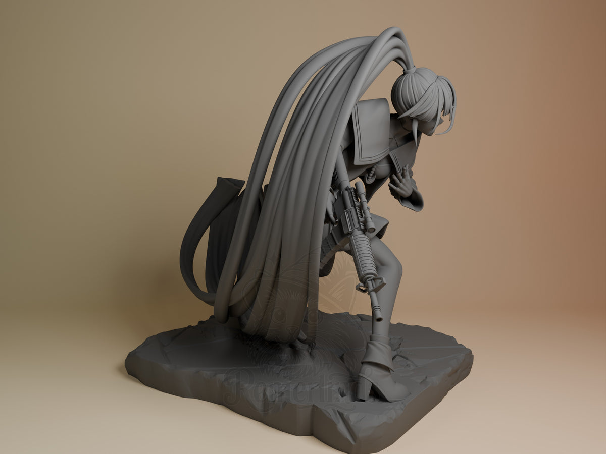 Naima resin figure from Ado in dynamic pose with flowing hair and rifle, shown from right angle on textured base, unpainted gray finish.
