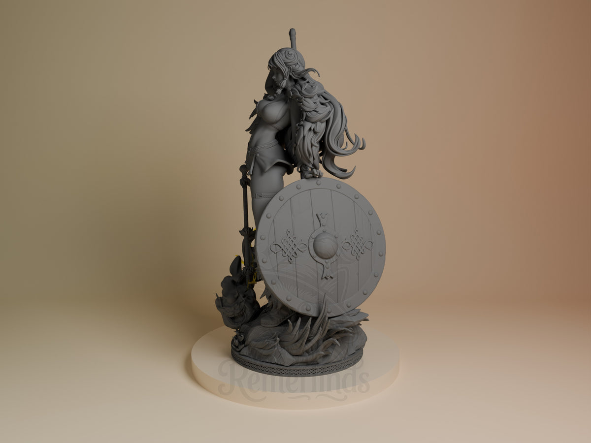 Nami resin figure from One Piece shown at angle, holding staff and shield, flowing hair detail, unpainted gray finish, cream base.
