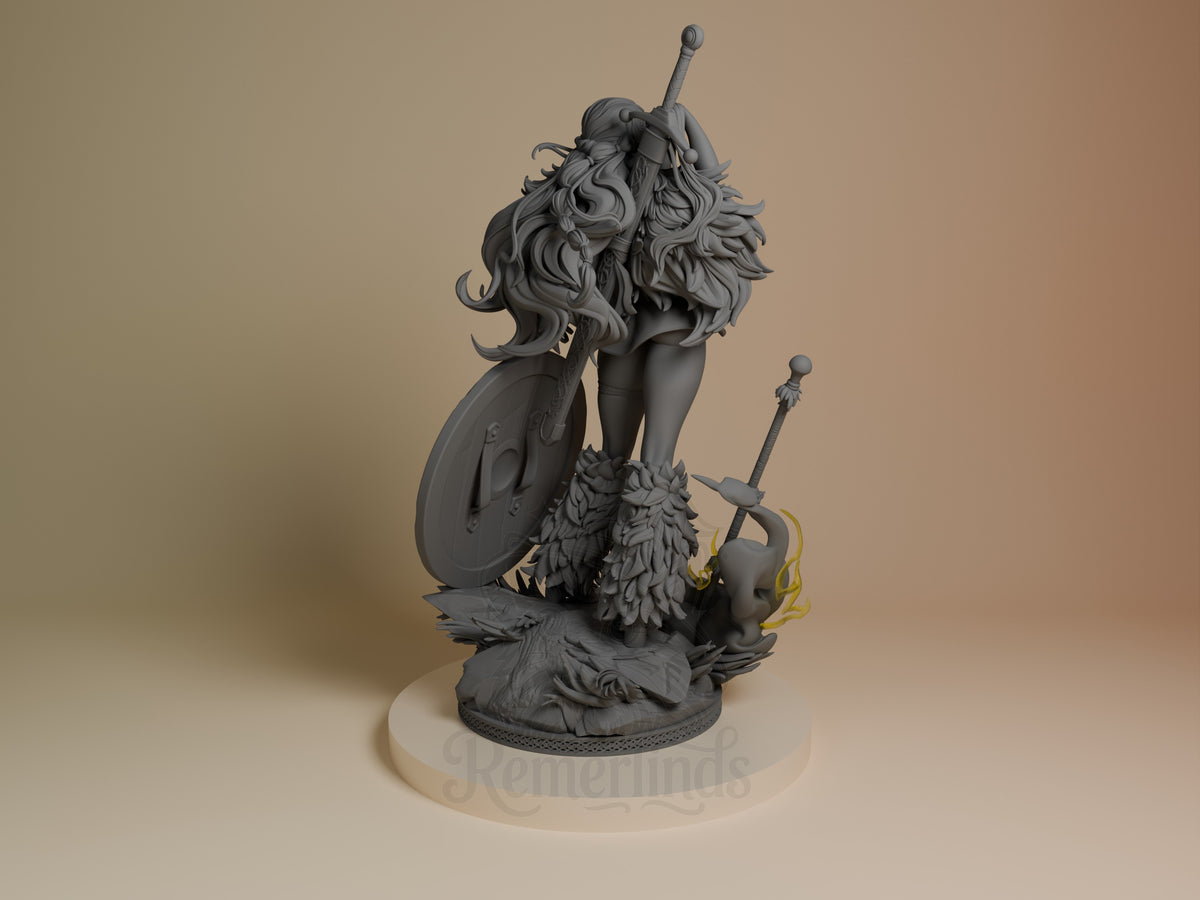 Nami resin figure from One Piece shown from back angle, displaying flowing hair, unpainted gray resin with gold hair accent, holding staff and shield on cream base.
