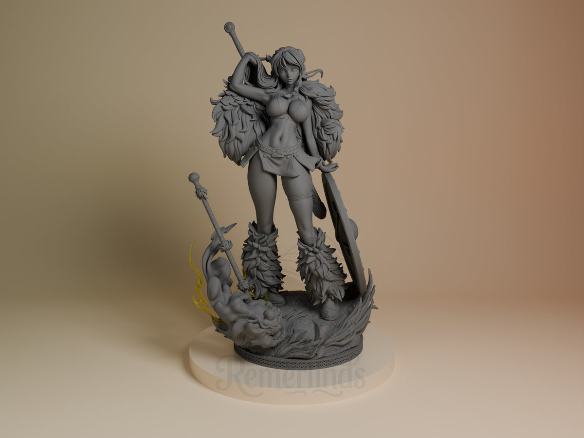 Nami resin figure from One Piece in unpainted gray, front view showing her wielding staff weapons with feathered boots on a scenic base.