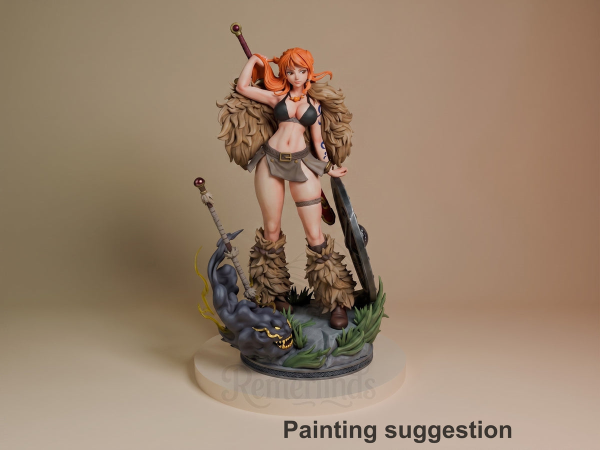 Nami resin figure from One Piece in painted color, standing with weapons on base featuring beast sculpture and grass details.