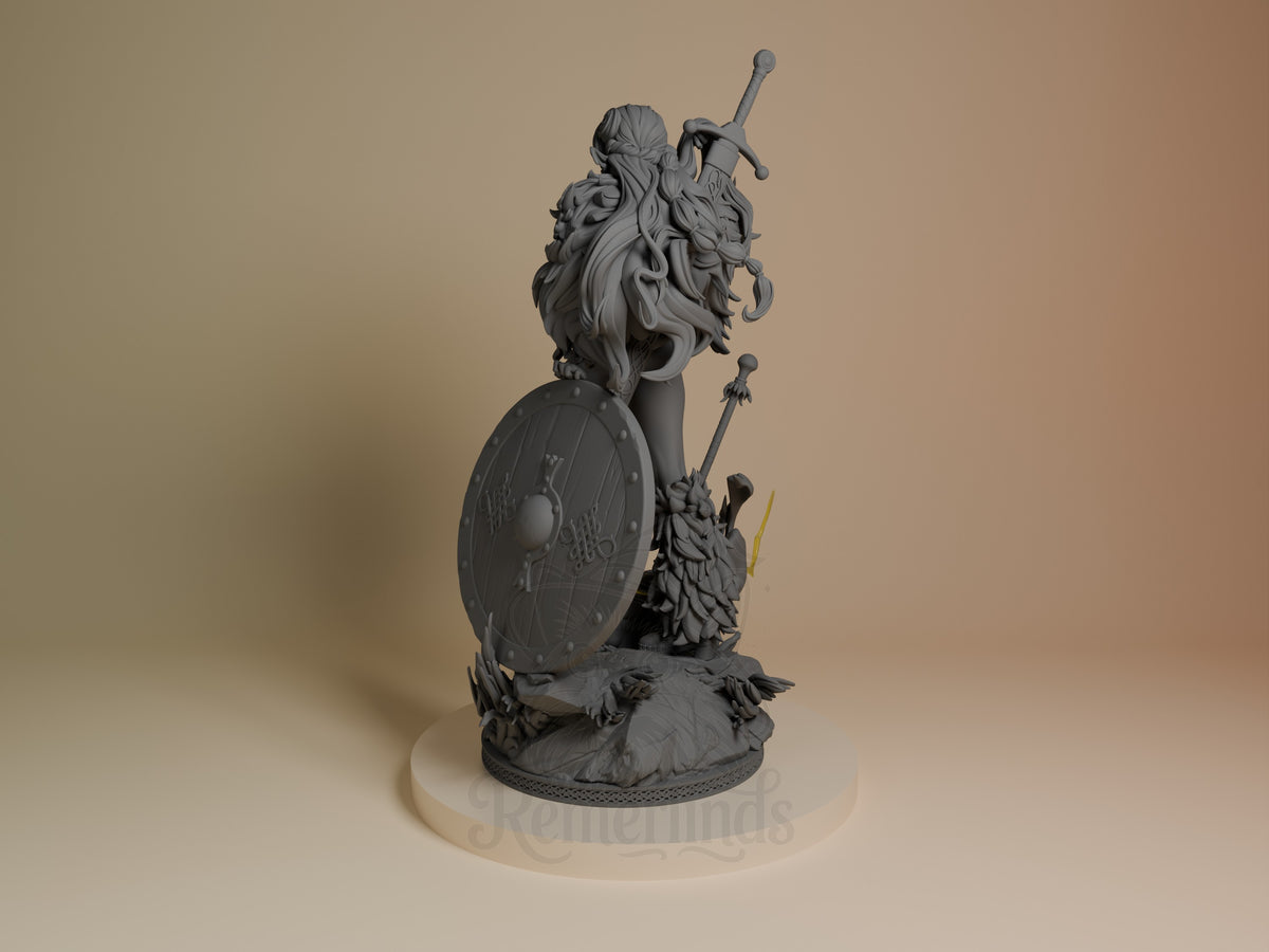 Nami resin figure from One Piece shown from the left side, unpainted gray resin, holding sword and shield with detailed hair sculpting, on cream base.
