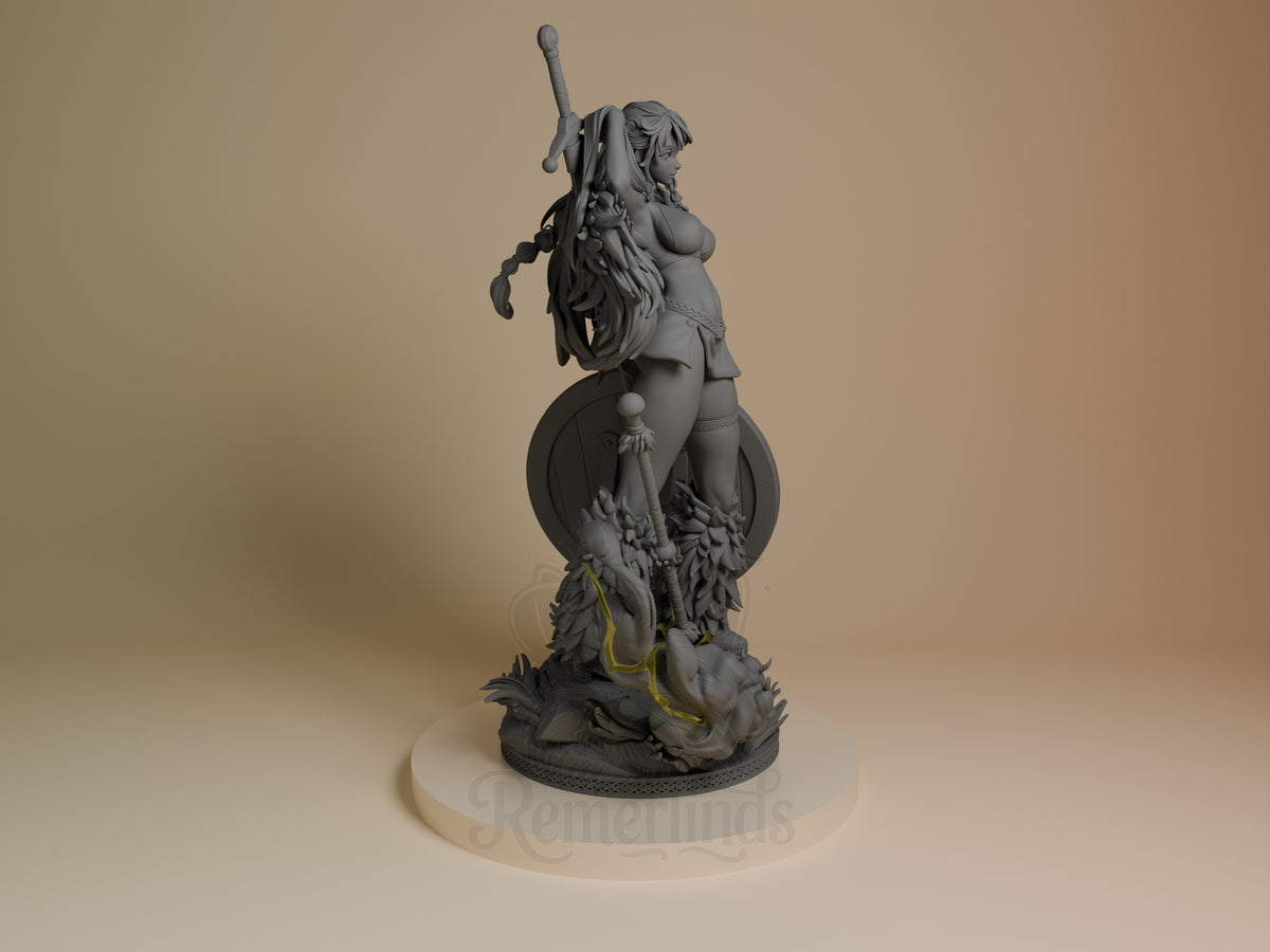 Nami 3D resin figure from One Piece, unpainted grey, shown in right profile pose on creature base with yellow accents, holding staff upright.
